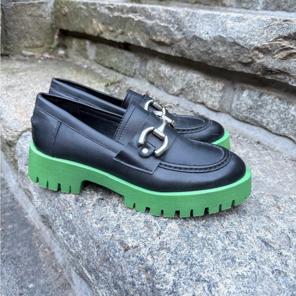Steven By Steve Madden Black Leather Loafers with Green Lug Sole